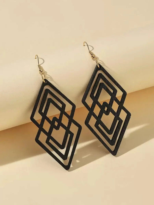 Hollow Geometric Wood Drop Earrings