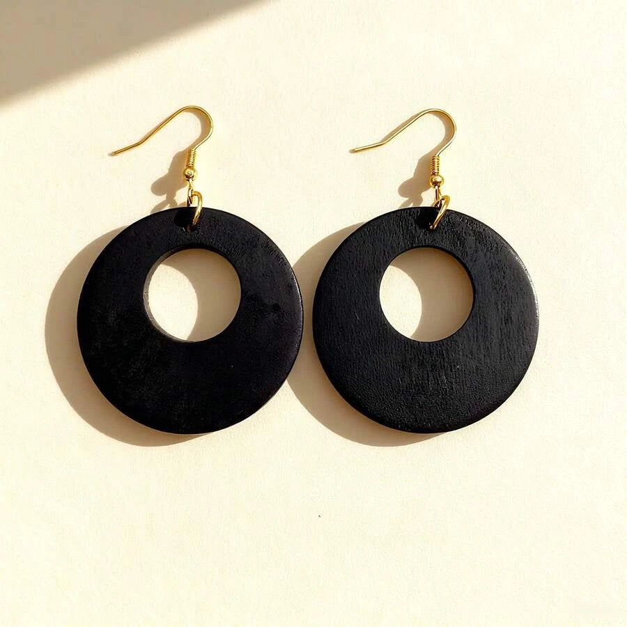 Vintage Wooden Hollow Round Earrings