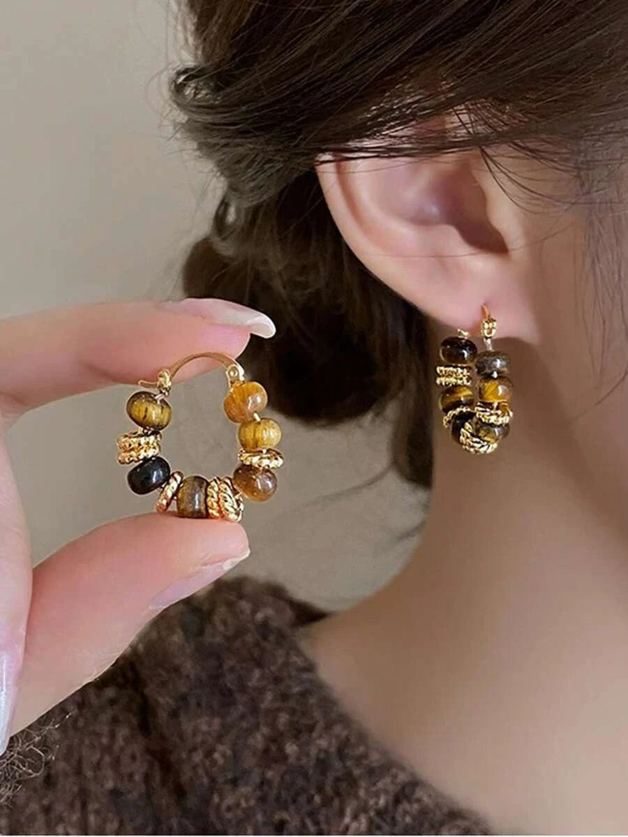 Tiger Eye Beaded Hoop Earrings