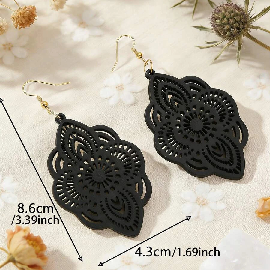 Wood Lace Pattern Carved Drop Earrings