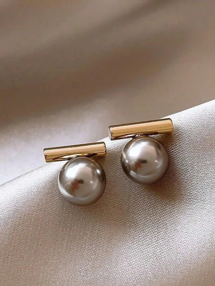 Gold Plated Gray Pearl Stud Earrings