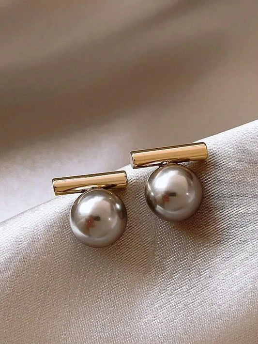 Gold Plated Gray Pearl Stud Earrings