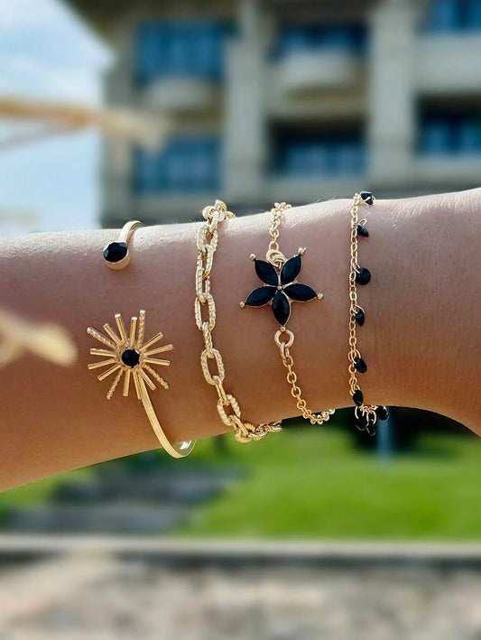 Minimalist Alloy Flower Tassel Bracelet Set