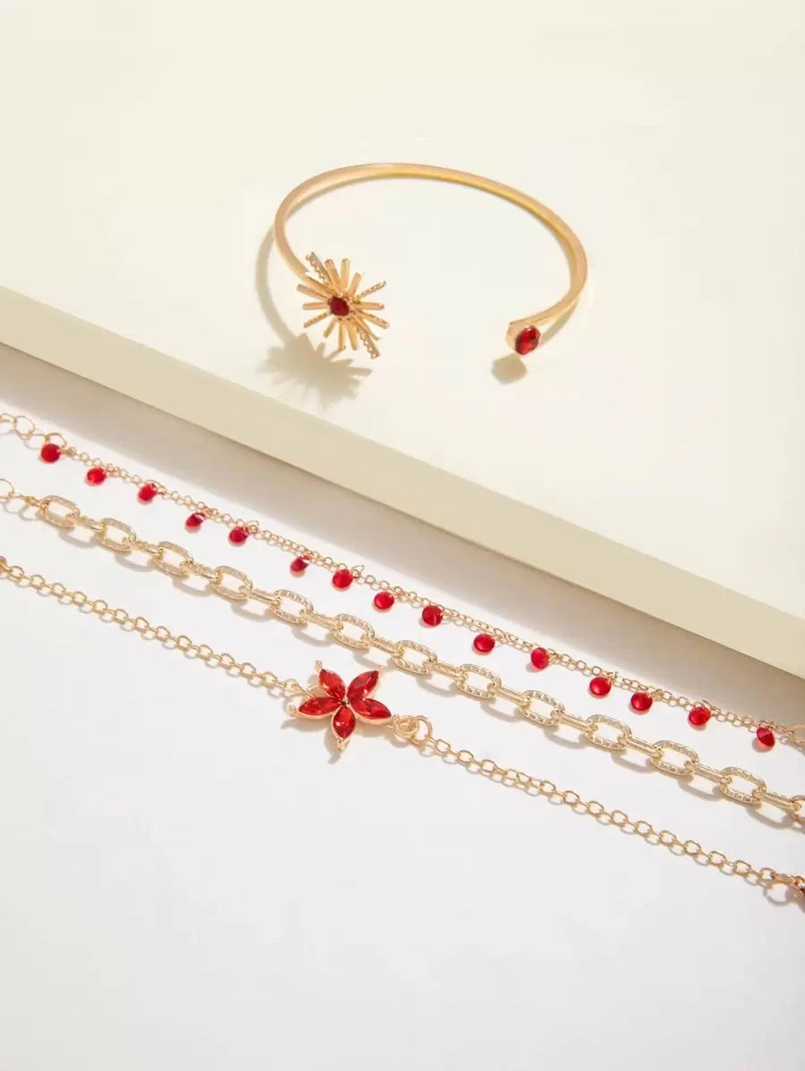 Minimalist Alloy Flower Tassel Bracelet Set