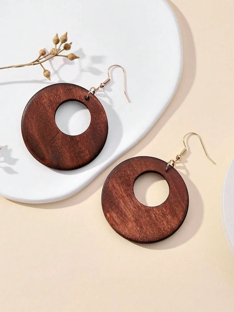 Vintage Wooden Hollow Circle Pendant Earrings