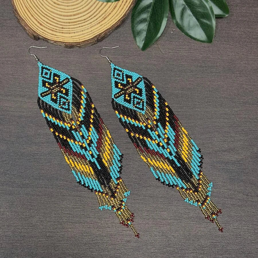 Geometric Beaded Tassel Earrings
