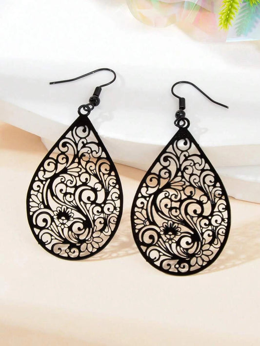 Vintage Hollow Black Floral Teardrop Earrings