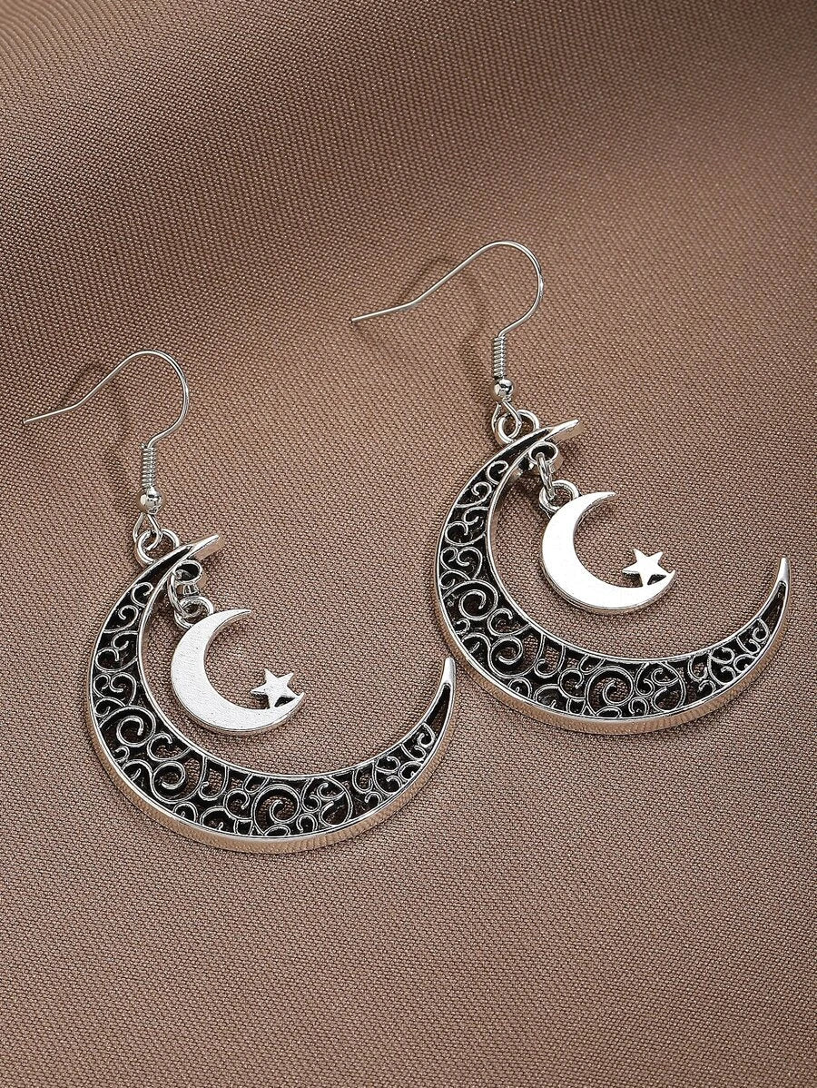 Retro Asymmetric Crescent Moon Drop Earrings