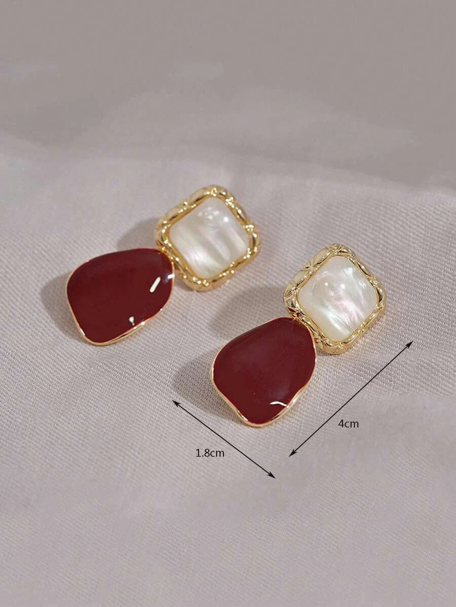 Burgundy Retro Asymmetrical Geometric Earrings