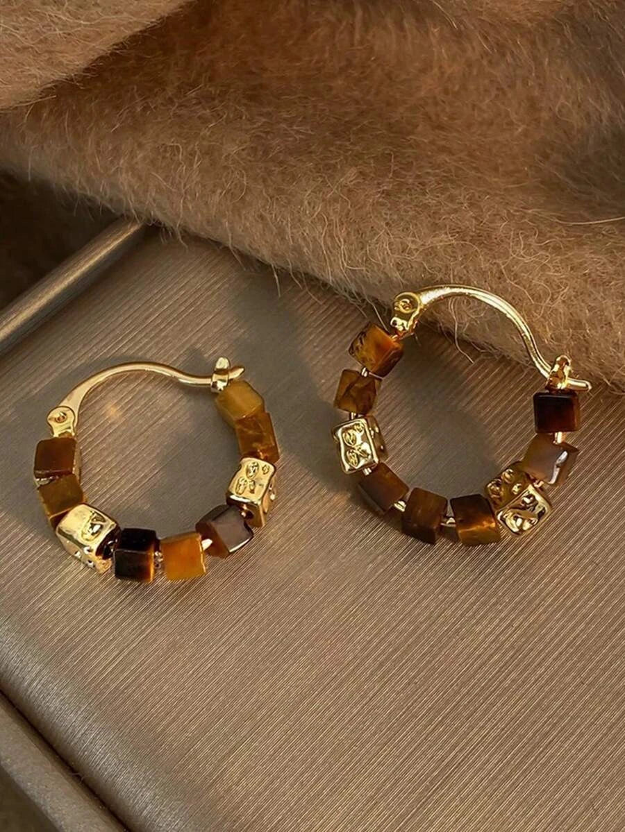 Tiger Eye Beaded Hoop Earrings