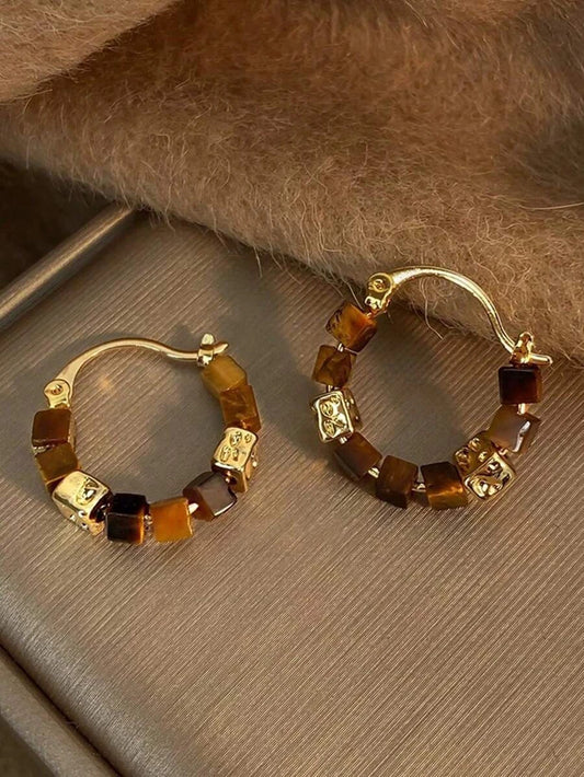Tiger Eye Beaded Hoop Earrings
